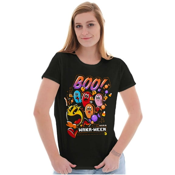 PACMAN Halloween Ghosts Boo Waka-Ween Women's T Shirt Ladies Tee Brisco Brands S