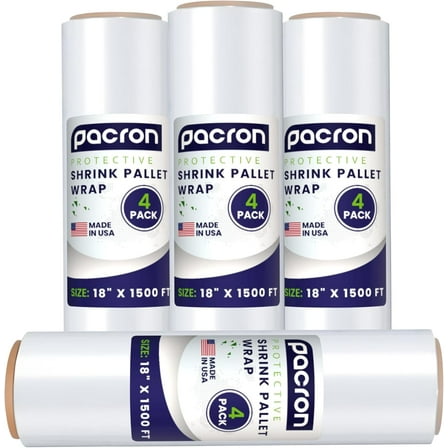 PACRON Pre-Stretched Stretch Wrap – 4 Rolls, 18" x 1500FT, 33 Gauge (80G Equivalent) – Clear Hand Shrink Pallet Wrap Film for Moving, Packing, Warehouse & Shipping – Tear-Resistant & Self-Adhering