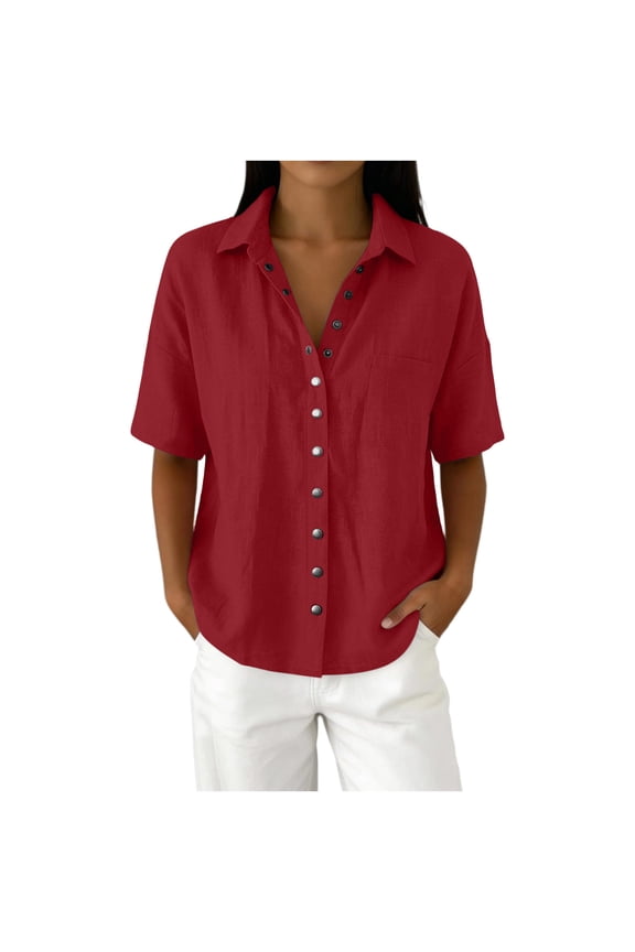 Button Down Shirt For Women Casual Linen Solid Color Blouses Flared Open Front Short Sleeve V-Neck Pocket Top