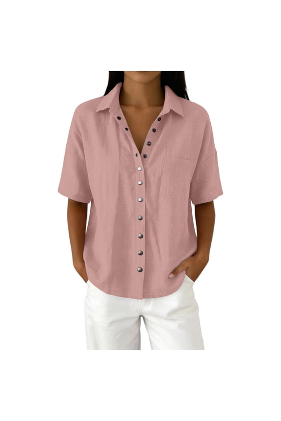 Button Down Shirt For Women Casual Linen Solid Color Blouses Flared Open Front Short Sleeve V-Neck Pocket Top