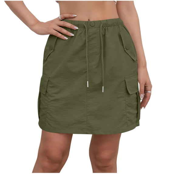PADFRYBK Cargo Skirts For Women Solid-Color Stretch Belt Skirt String With Button Pockets Mini Skirt Drawstring Shorts Dress