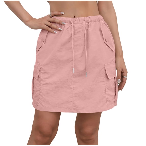 PADFRYBK Cargo Skirts For Women Solid-Color Stretch Belt Skirt String With Button Pockets Mini Skirt Drawstring Shorts Dress