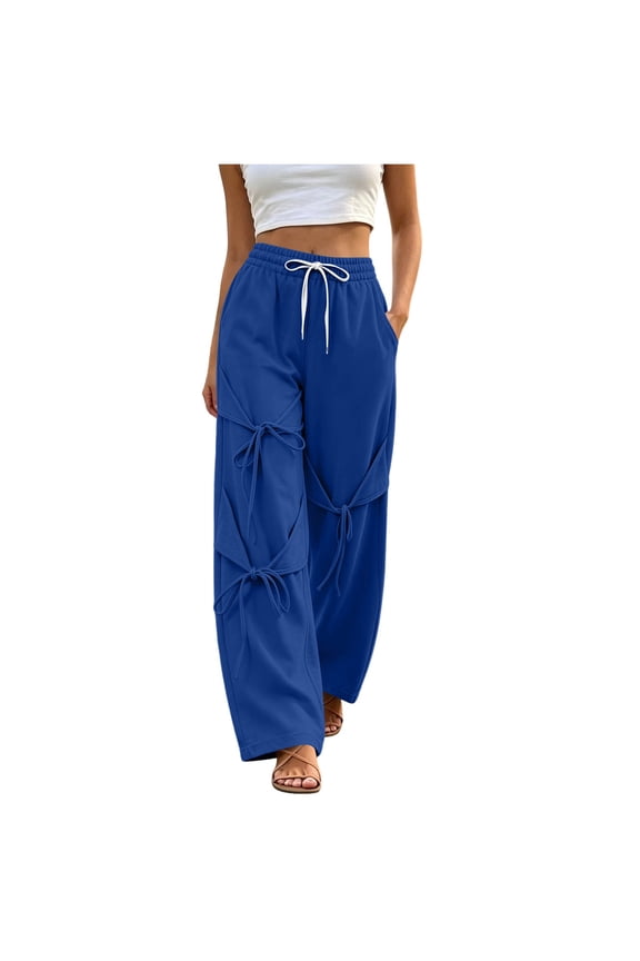 Casual Sweatpants For Womens Solid Color Loose Strap Long Pants Elastic Waist Drawstring Ankle-Tied Joggers With Multi-Pockets