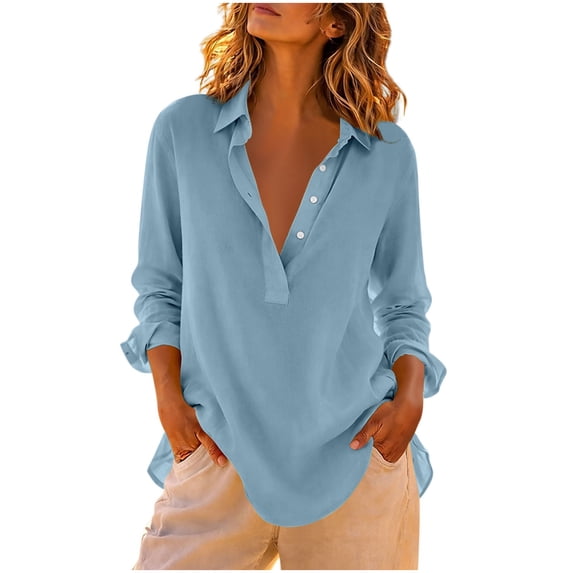 PADFRYBK Casual T-Shirt For Women Crew Neck Long Sleeve Tops Solid Color Button-Up Top