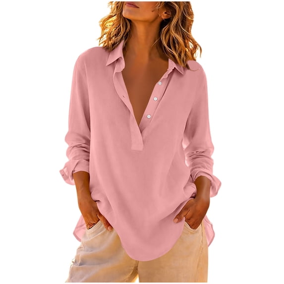 PADFRYBK Casual T-Shirt For Women Crew Neck Long Sleeve Tops Solid Color Button-Up Top