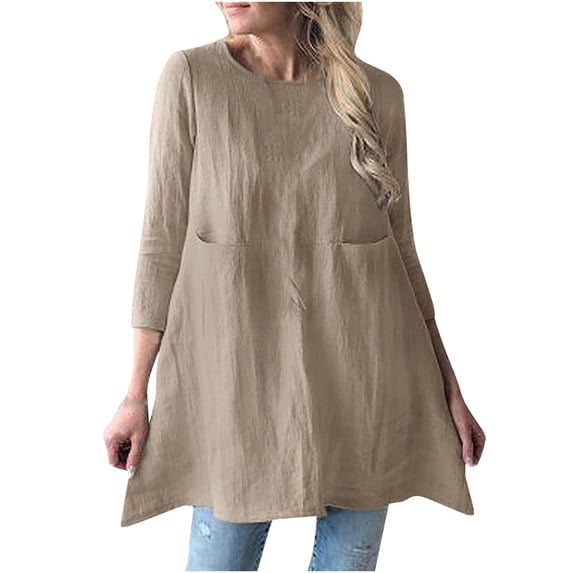 PADFRYBK Fall Dresses For Women Round-Neck Mid Dress Comfy Long Sleeve Dress Casual Loose Solid Color Dress