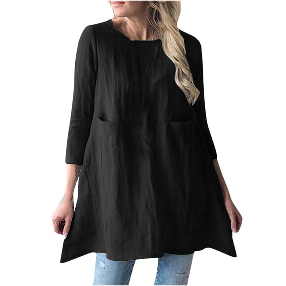 PADFRYBK Fall Dresses For Women Round-Neck Mid Dress Comfy Long Sleeve Dress Casual Loose Solid Color Dress