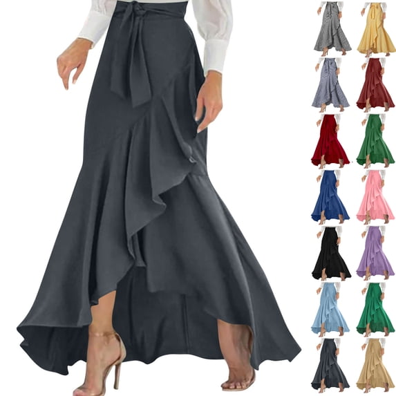 PADFRYBK Long Plaid Skirts For Women Soft High Elastic Waist Skirts Casual Loose High Waisted Irregular Hem Wrap Skirts