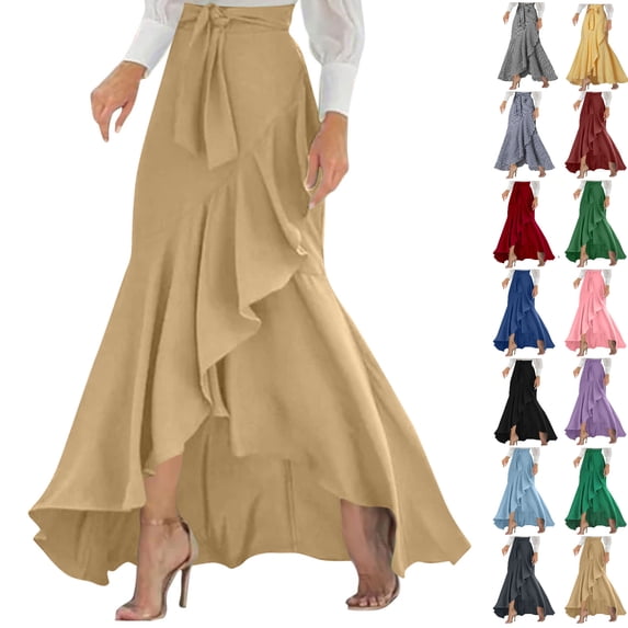PADFRYBK Long Plaid Skirts For Women Soft High Elastic Waist Skirts Casual Loose High Waisted Irregular Hem Wrap Skirts