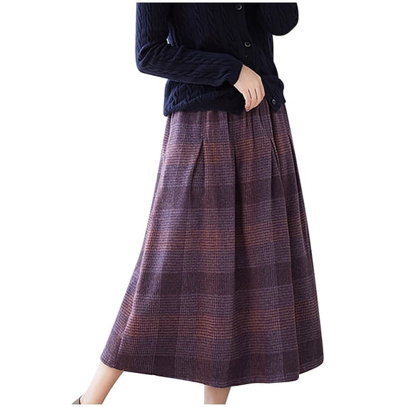 PADFRYBK Fall Mid-Length Skirts for Women High Waisted Skirts Drawstring Flowy Elastic Waist Skirts Casual Loose Plaid Skirts