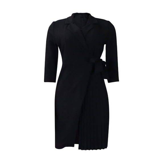 PADFRYBK Fall Tunic Dresses For Women Casual Pleated Belted Dress V-Neck Dress Solid Color 3/4 Sleeve Dress