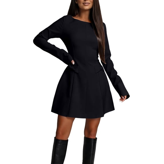 PADFRYBK Fall Tunic Dresses For Womens Solid Color Dress Long-Sleeve Dress Crew Neck Short Waist Dress