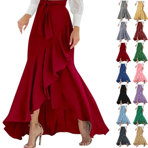 PADFRYBK Long Skirts For Women Soft High Elastic Waist Skirts Casual Loose Long Skirts Irregular Hem Wrap Skirts