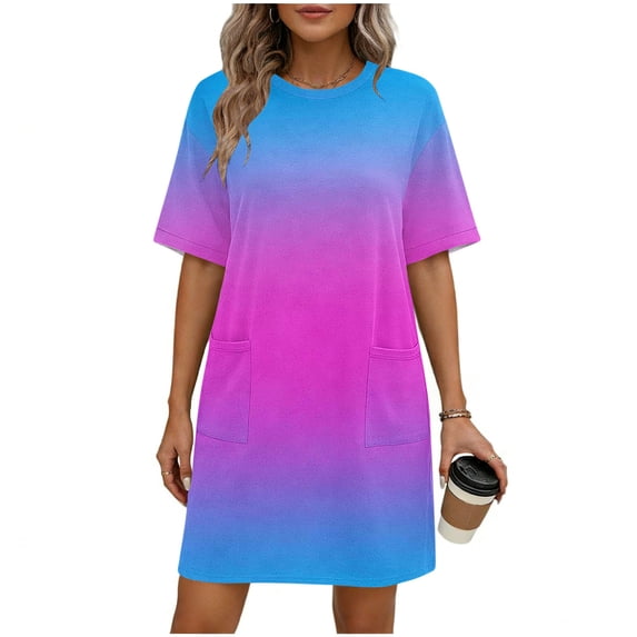 PADFRYBK Summer Dresses For Women Round Neck Casual Loose Dress Gradient Color Comfortable Skirt Short Sleeve Dresses Mid-Length Dresses With Pockets