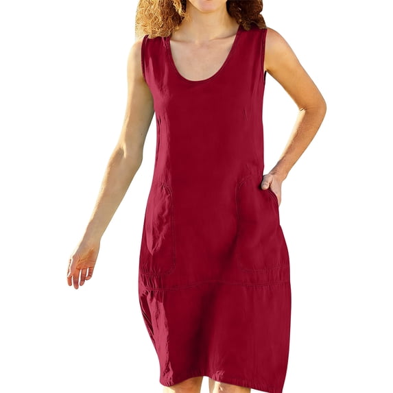 PADFRYBK Summer Linen Dresses For Women Crew Neck Casual Loose Dress Solid Color Comfortable Skirt Sleeveless Dresses Mid-Length Dresses With Pockets