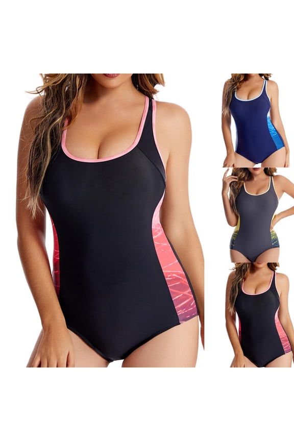 Summer Swimsuit For Women Sports Bikini Smocked Back Swimsuit Beach Bathing Suits Splice Color Crew Neck Jumpsuit Sleeveless Swimwear