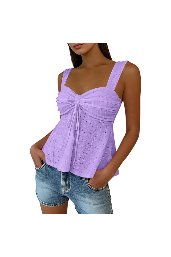 Summer T-Shirts For Women Lace Up Front With Ruffled Edges Pullover Drawstring Outdoor Top