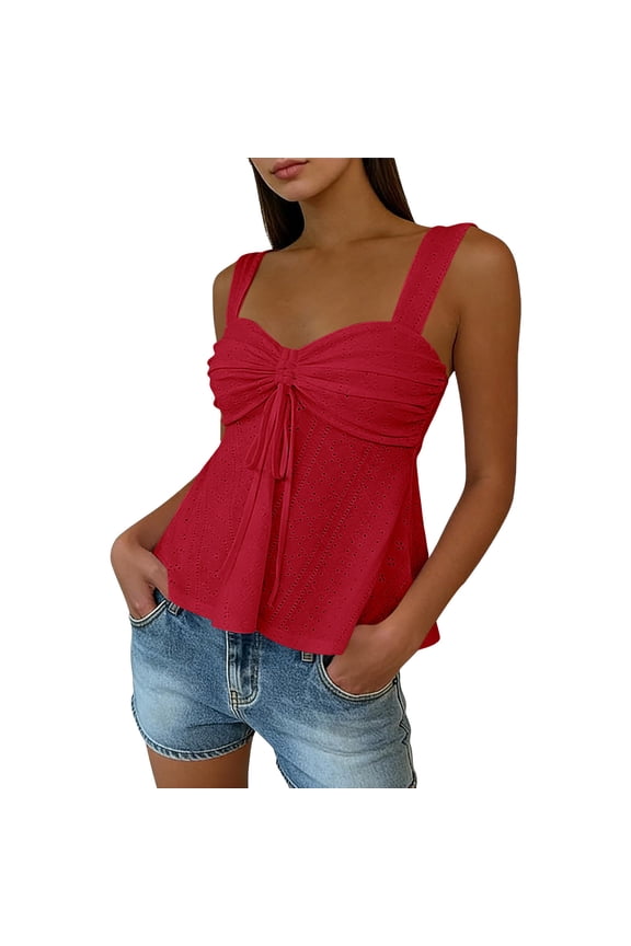 Summer T-Shirts For Women Lace Up Front With Ruffled Edges Pullover Drawstring Outdoor Top