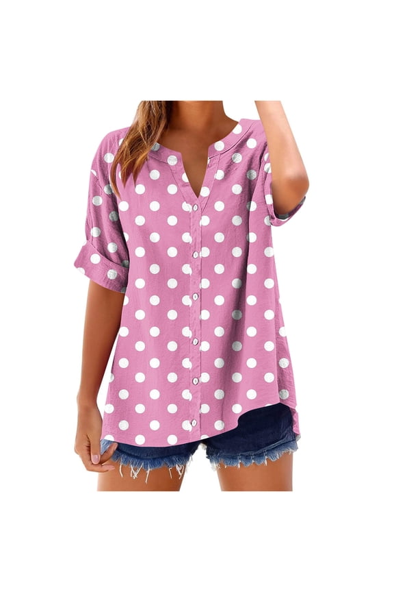 Summer T-Shirts For Women Non Positioning Printed Button Top V-Neck Short Sleeved Blouses Short Sleeved Casual Loose T-Shirt