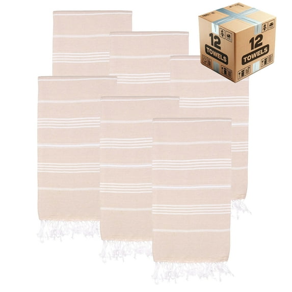 PADISHAHHOME Turkish Beach Towels, Bulk Case of 12 | Oversized, Quick Dry, Sand Free | 100% Cotton, Large 38x71" Towels for Beach, Pool, Travel | Ultra-Soft, Compact, Absorbent | Beige