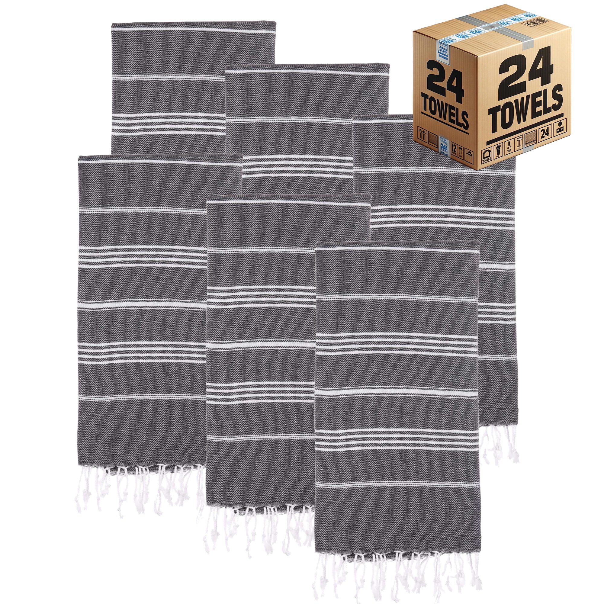 PADISHAHHOME Turkish Beach Towels, Bulk Case of 24 | Oversized, Quick Dry, Sand Free | 100% Cotton, Large 38x71" Towels for Beach, Pool, Travel | Ultra-Soft, Compact, Absorbent | Black