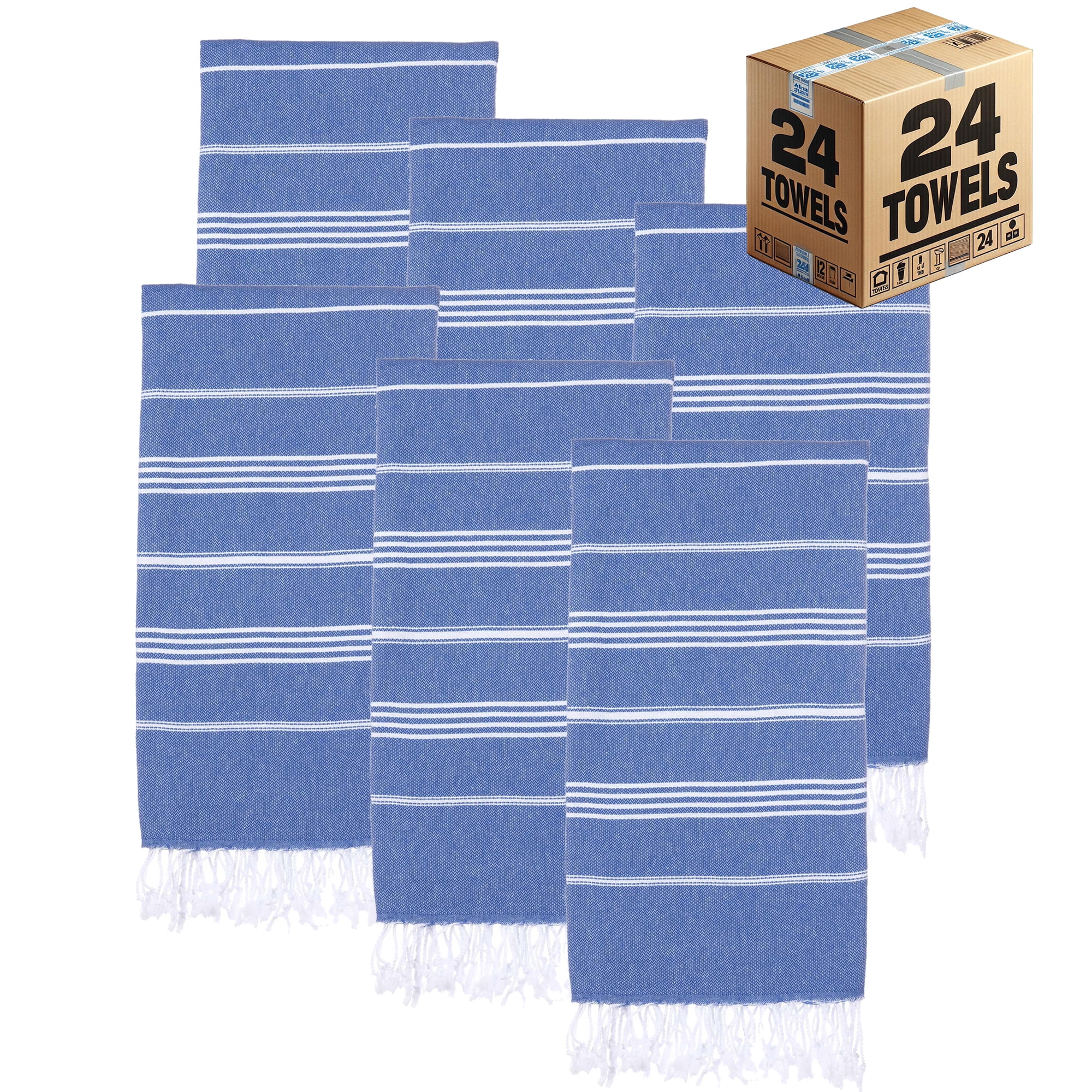 PADISHAHHOME Turkish Beach Towels, Bulk Case of 24 | Oversized, Quick Dry, Sand Free | 100% Cotton, Large 38x71" Towels for Beach, Pool, Travel | Ultra-Soft, Compact, Absorbent | Blue