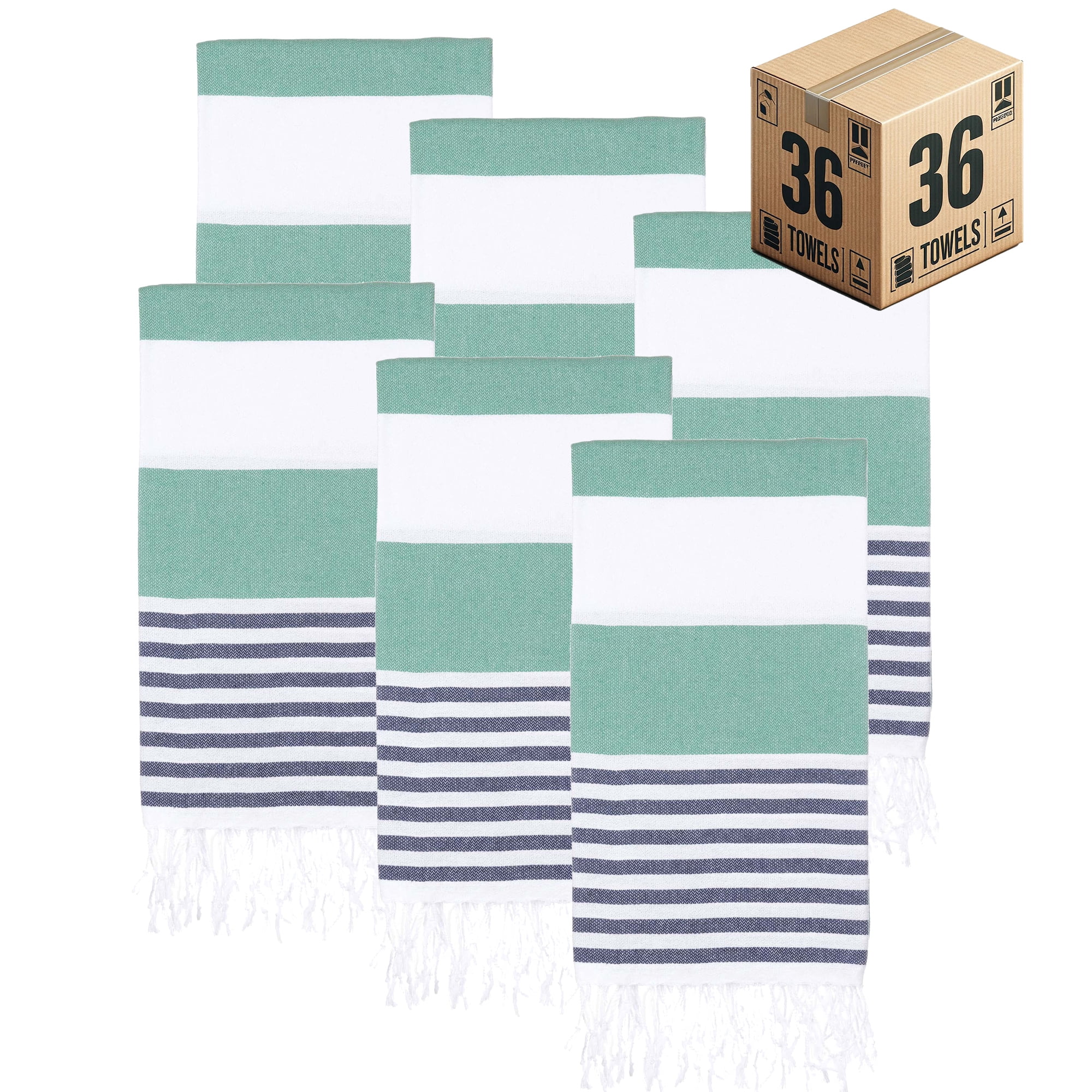 PADISHAHHOME Turkish Beach Towels, Bulk Case of 36 | Oversized, Quick Dry, Sand Free | 100% Cotton, Large 38x71" Towels for Beach, Pool, Travel | Ultra-Soft, Compact, Absorbent | Green / Navy