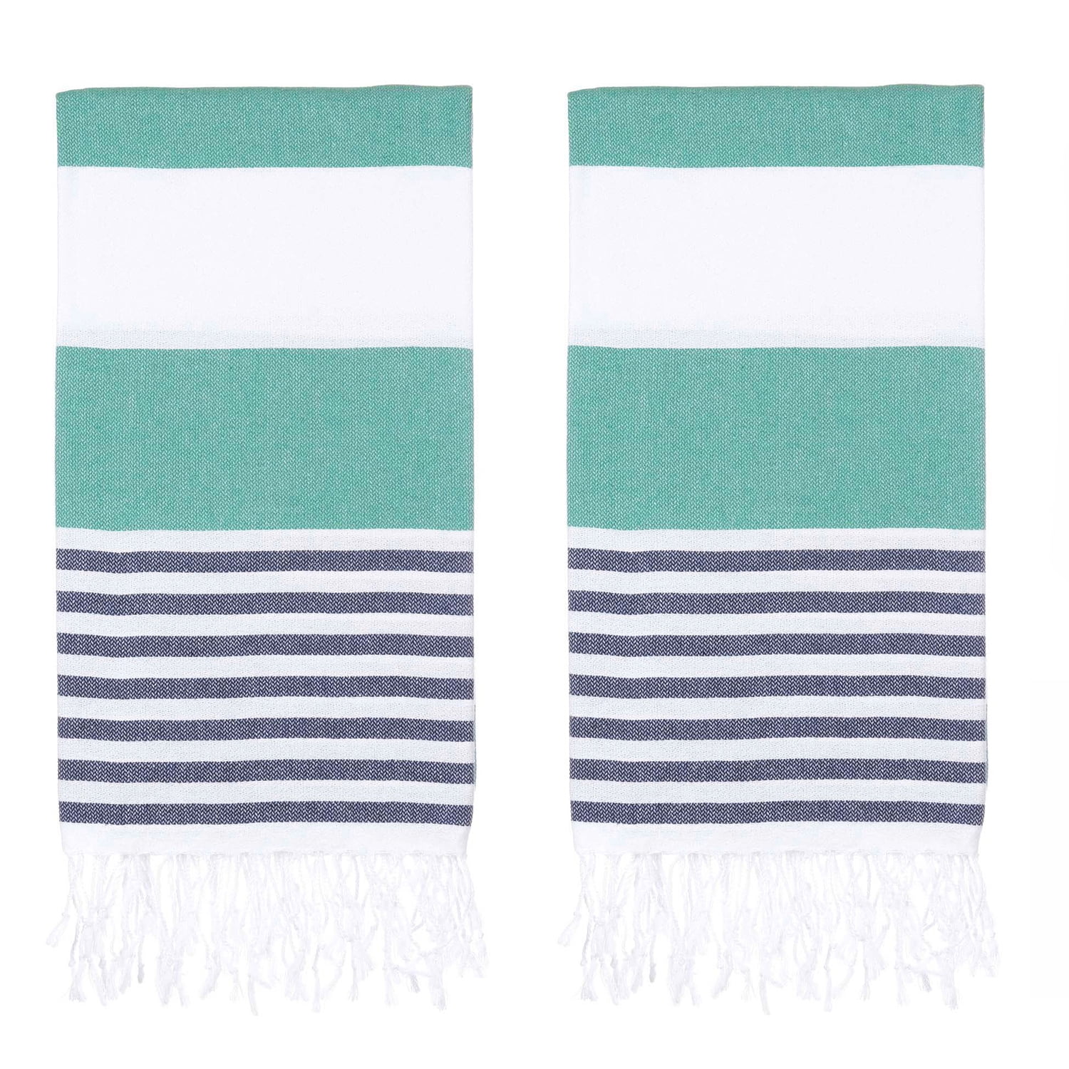 PADISHAHHOME Turkish Beach Towels Set of 2 | Oversized, Quick Dry, Sand Free | 100% Cotton, Large 38x71" Towels for Beach, Pool, Travel | Ultra-Soft, Compact, and Absorbent | Green / Navy