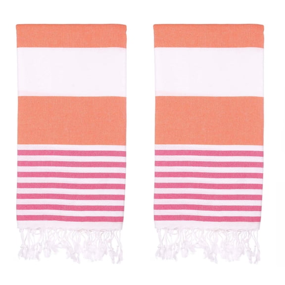 Padishah Home 2 Pack Cabana Stripe Turkish Beach Towels, 71 x 38 in, Quick Dry, Orange / Fuchsia