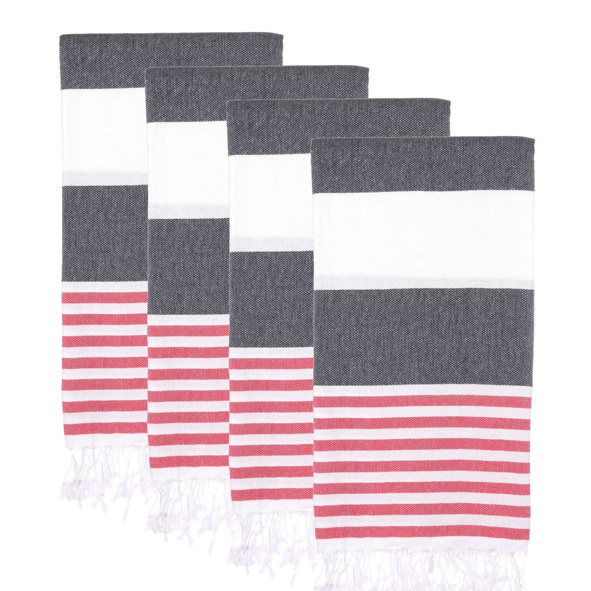 PADISHAHHOME Turkish Beach Towels Set of 4 | Oversized, Quick Dry, Sand Free | 100% Cotton, Large 38x71" Towels for Beach, Pool, Travel | Ultra-Soft, Compact, and Absorbent | Black / Red