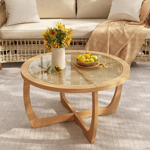 PADMA HOUSE Round Wood Coffee Table with Glass Rattan Top, Wooden Circle Center Table with Curved Legs & Removeable Tempered Glasstop, Cocktail Table for Living Room, Light Brown 32.28" x 18.15"