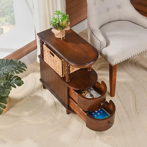 PADMA HOUSE Solid Wood End Table with 2 Drawers, Narrow Sofa Side Table ...