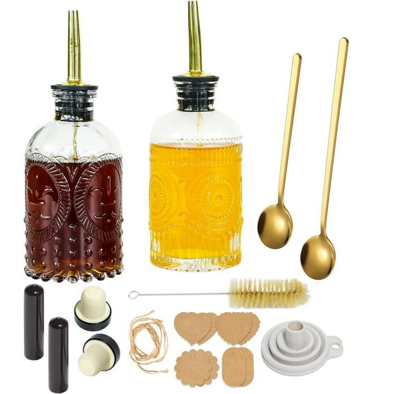 PADUKU Syrup Dispenser Bottles Set 7 OZ Glass Syrup Pump Dispenser with Metal Pour Spout and Labels for Coffee Bar, Condiments, 2 Pack