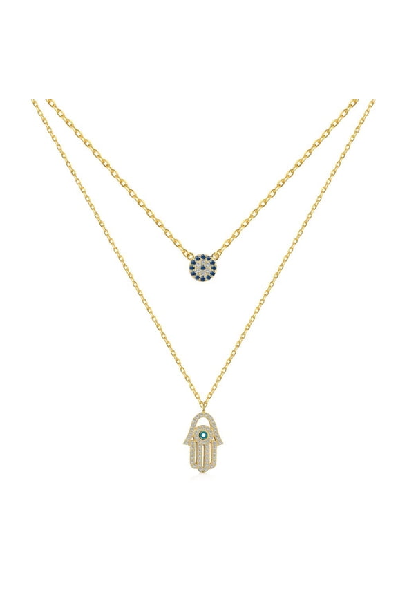 14K Evil Eye Necklace Featuring Hand of Fatima Clavicle Chain and Double Sapphire Eye Pendant