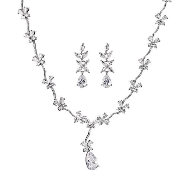 PAENENPH 14K Gold & Natural Crystal Jewelry Set for Women, Dainty Branch Shaped Pendant Necklace & Drop Earrings, Chic Wedding Fashion Ensemble