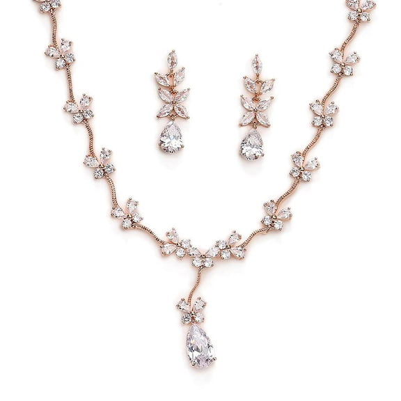 PAENENPH 14K Gold & Natural Crystal Jewelry Set for Women, Dainty Branch Shaped Pendant Necklace & Drop Earrings, Chic Wedding Fashion Ensemble