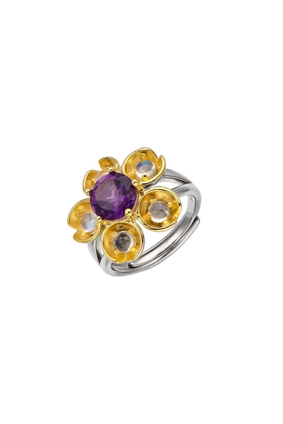 14K Gold Over S925 Floral Amethyst Ring, Classic February Birthstone Charm, Purple Stone Ring, Ideal Anniversary or Birthday Gift for Her