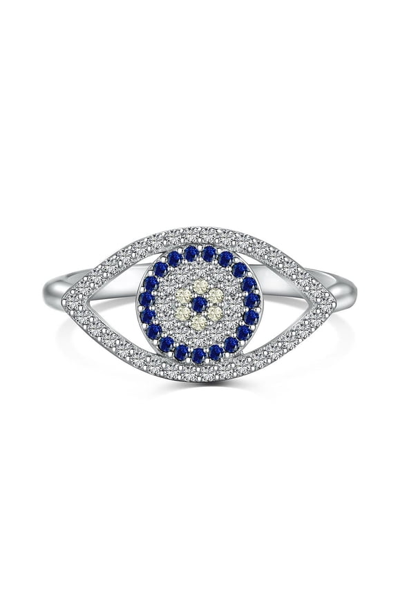 14K Gold Over S925 Sterling Silver Evil Eye Ring with Moissanite and Sapphire,Protective Symbol Band,Chic Minimalist Jewelry for Women