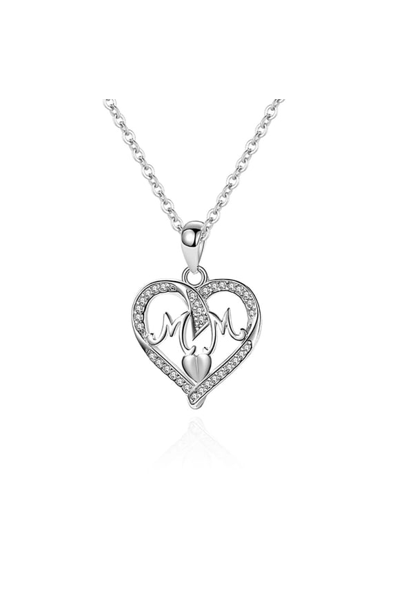 Unique and Trendy 14K White Gold Heart Necklace,Love MOM Letters Pendant Necklace with Moissanite Diamond,Ideal Jewelry Gift for Mothers