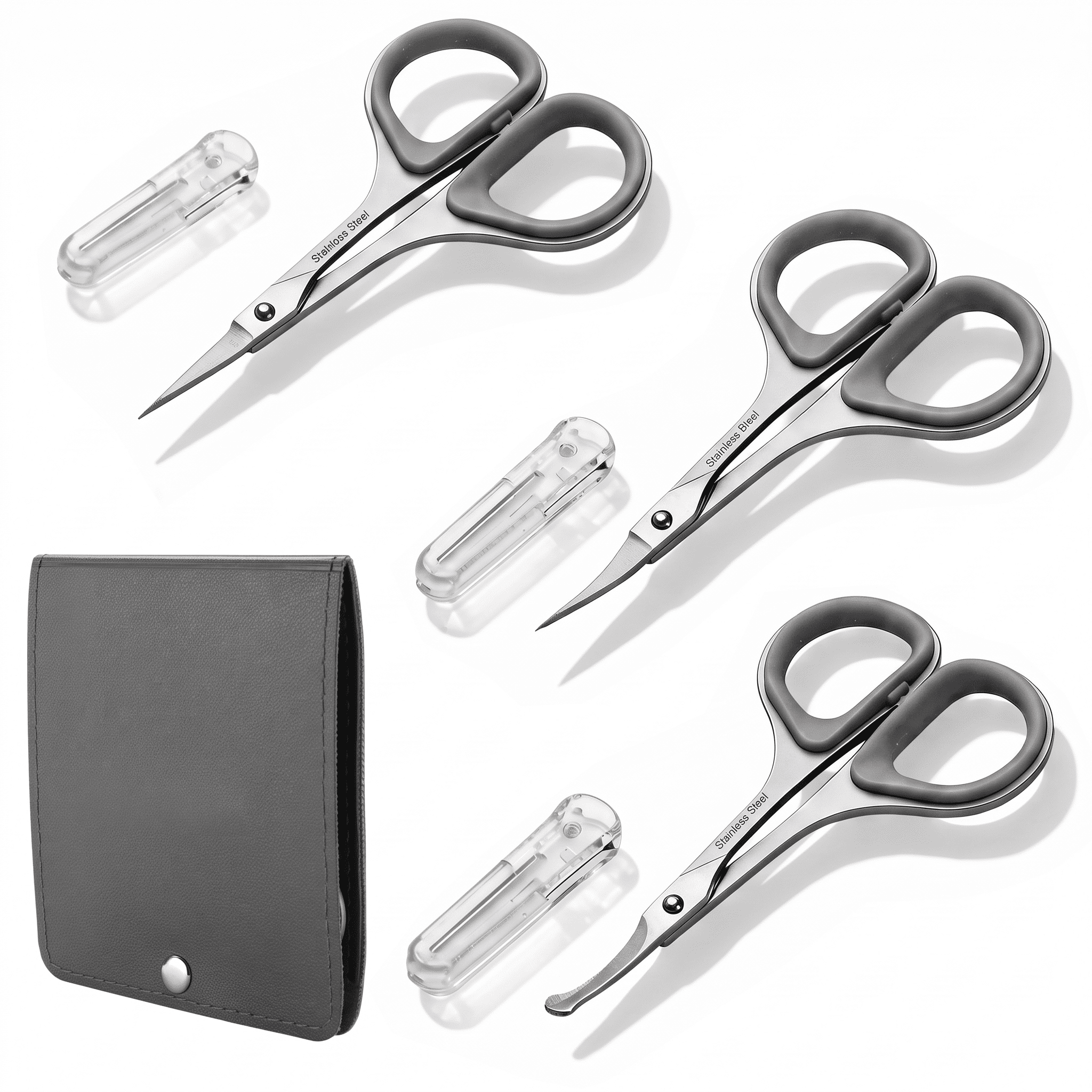 Small Beard Mustache Facial Nose Hair Scissors Set with High Precision Tip Rubber Handle Grip with Safety Case and Leather Pouch