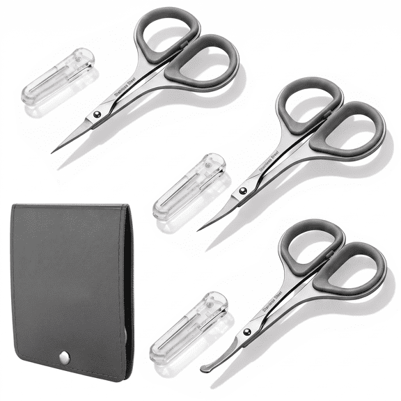 Small Beard Mustache Facial Nose Hair Scissors Set with High Precision Tip Rubber Handle Grip with Safety Case and Leather Pouch