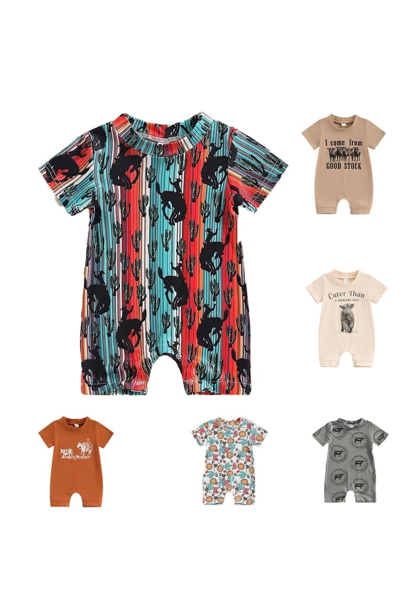 Baby Rompers Western Cowboy Style Short Sleeve One Piece Jumpsuit For Newborn Infant Toddler Wear Baby Onesies Black