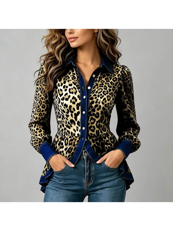 Cheetah Print Button Down Shirts for Women Leopard Turn Down Collar Casual Denim Top Long Sleeve Slim Fit Trendy Blouse Streetwear Womens Tops Blue XXL