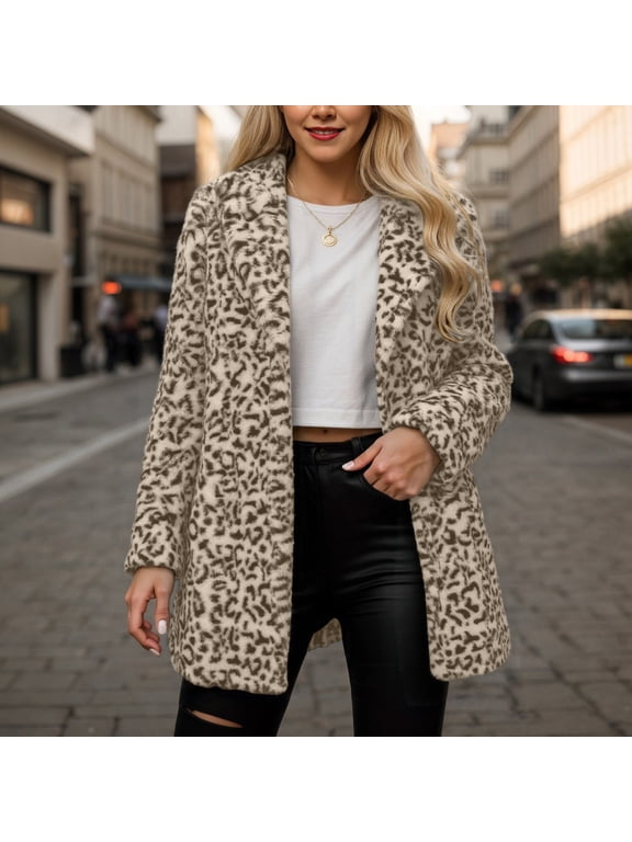 Cheetah Print Faux Coats for Women Leopard Print Loose Fit Fluffy Jacket With Pockets Fall Winter Warm Outerwear Fashion Outerwear For Women Beige M