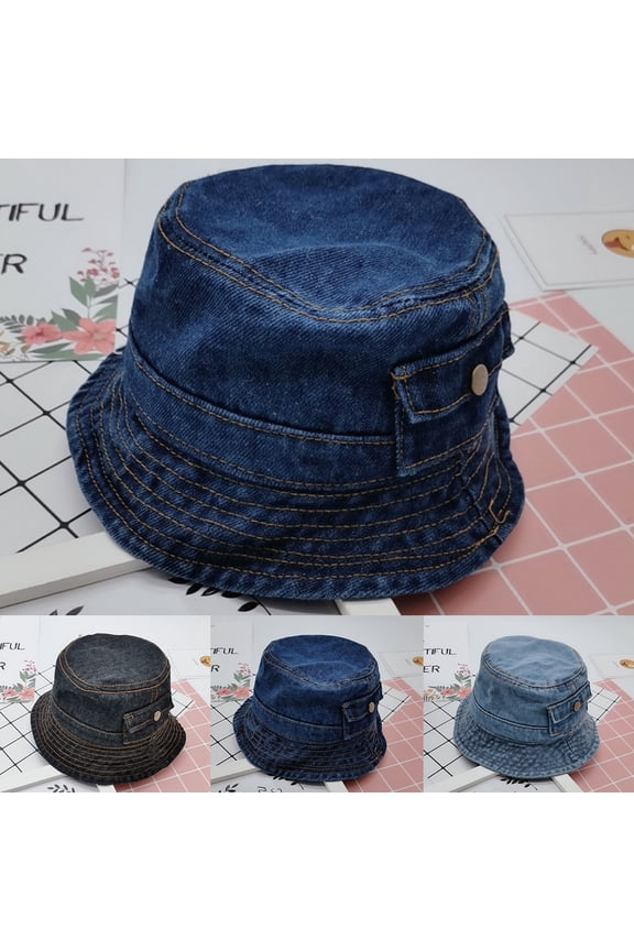 Kids Bucket Hats Denim Cool Vintage Distressed With Pockets Short Brim For Toddler Boys And Girls Wear Kids Hats Dark Blue