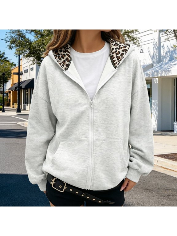 Leopard Print Jackets for Women Cheetah Print Open Front Loose Fit Casual Fashion Coat Fall Winter Womens Clothing Grey M