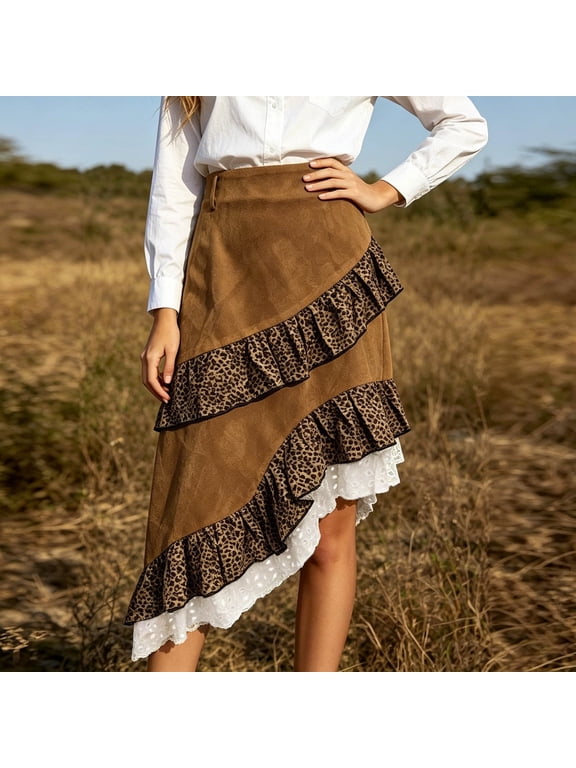 Leopard Print Midi Skirts for Women Cheetah Print Ruffled Suede High Waist Lace Patchwork Asymmetric Bodycon Retro Skirt Skirts For Women Brown XXL