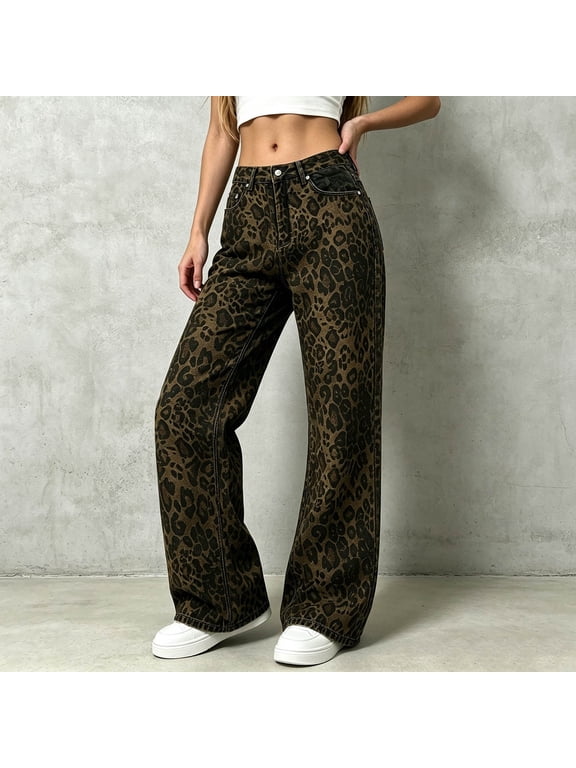 Leopard Print Wide Leg Jeans for Women Trendy High Waisted Stretchy Cheetah Denim Pants Y2K Trouser Jeans