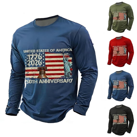 PAFNAFHF Men Crew Neck Long Sleeve Shirts 250th Anniversary USA Celebration Basic Casual Tees Soft For Holiday Party Daily Street Wear Long Sleeve Tees Red