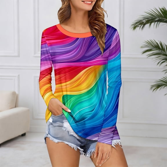 PAFNAFHF Women Long Sleeve Tops Rainbow Wide Stripe Pride Soft Skin Friendly Neutral Style For Daily And Pride Events Wear Pride Tops Multicolour